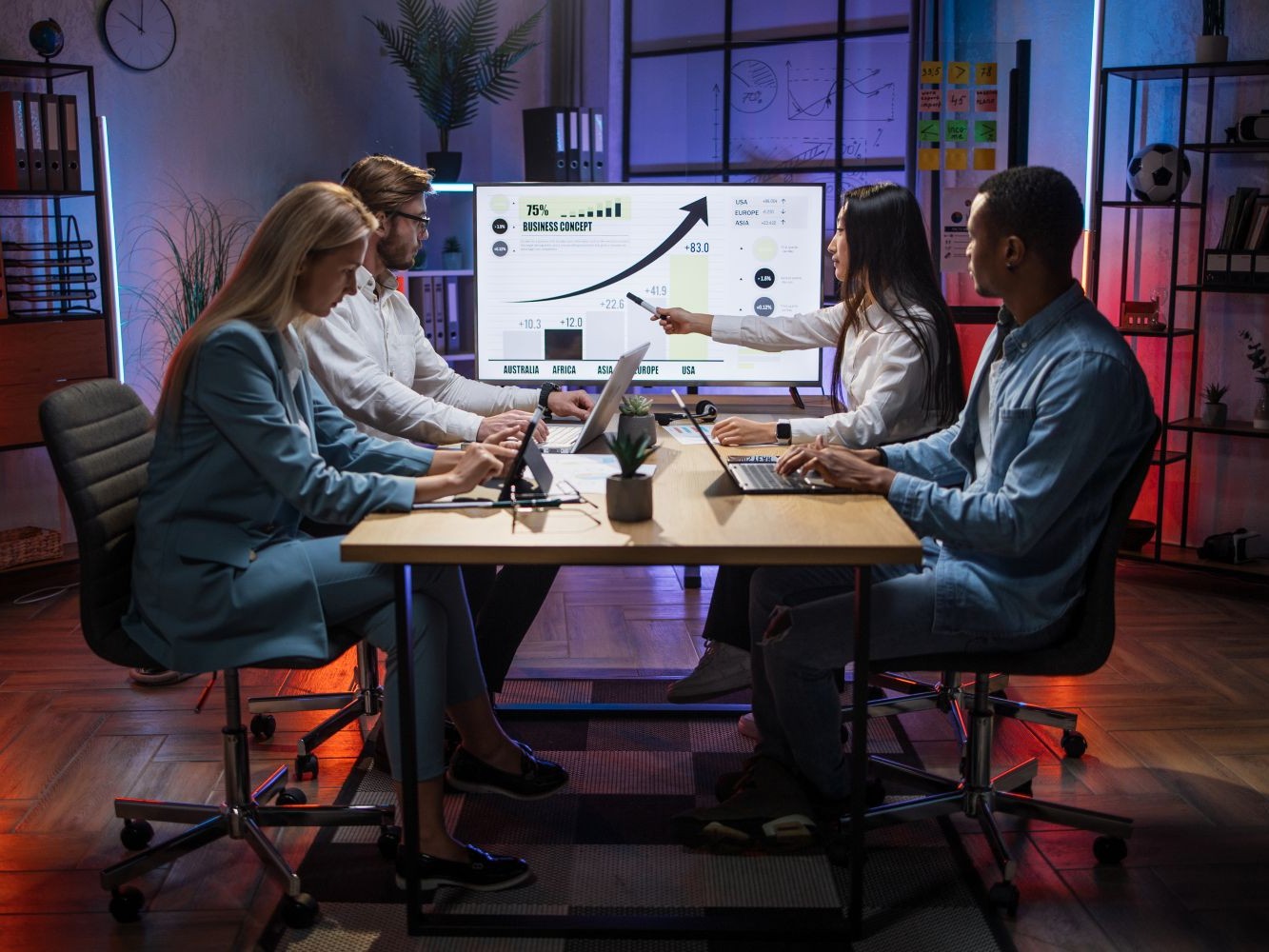 A product team at laptops reviewing growth charts on a large wall screen