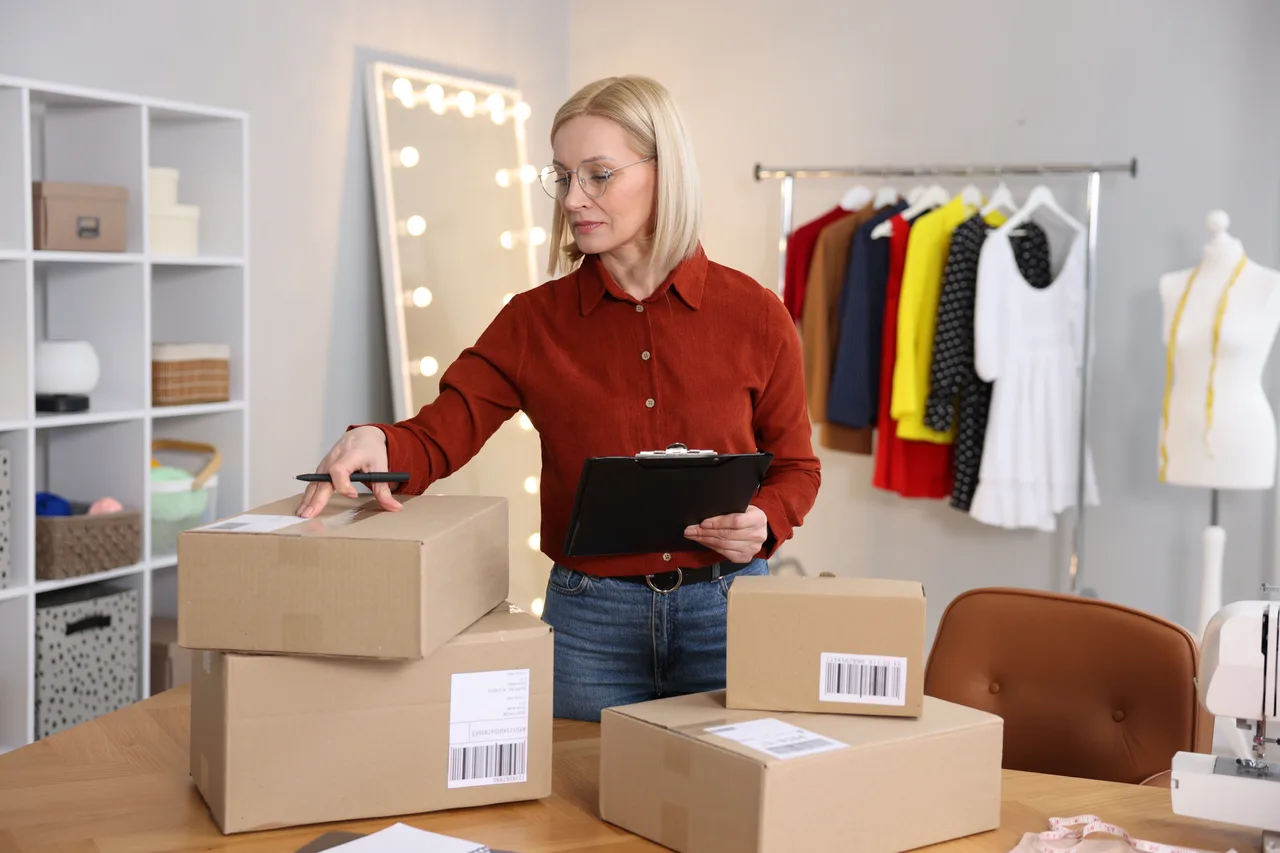 A fashion seller checking parcels against a clipboard beside clothing rails