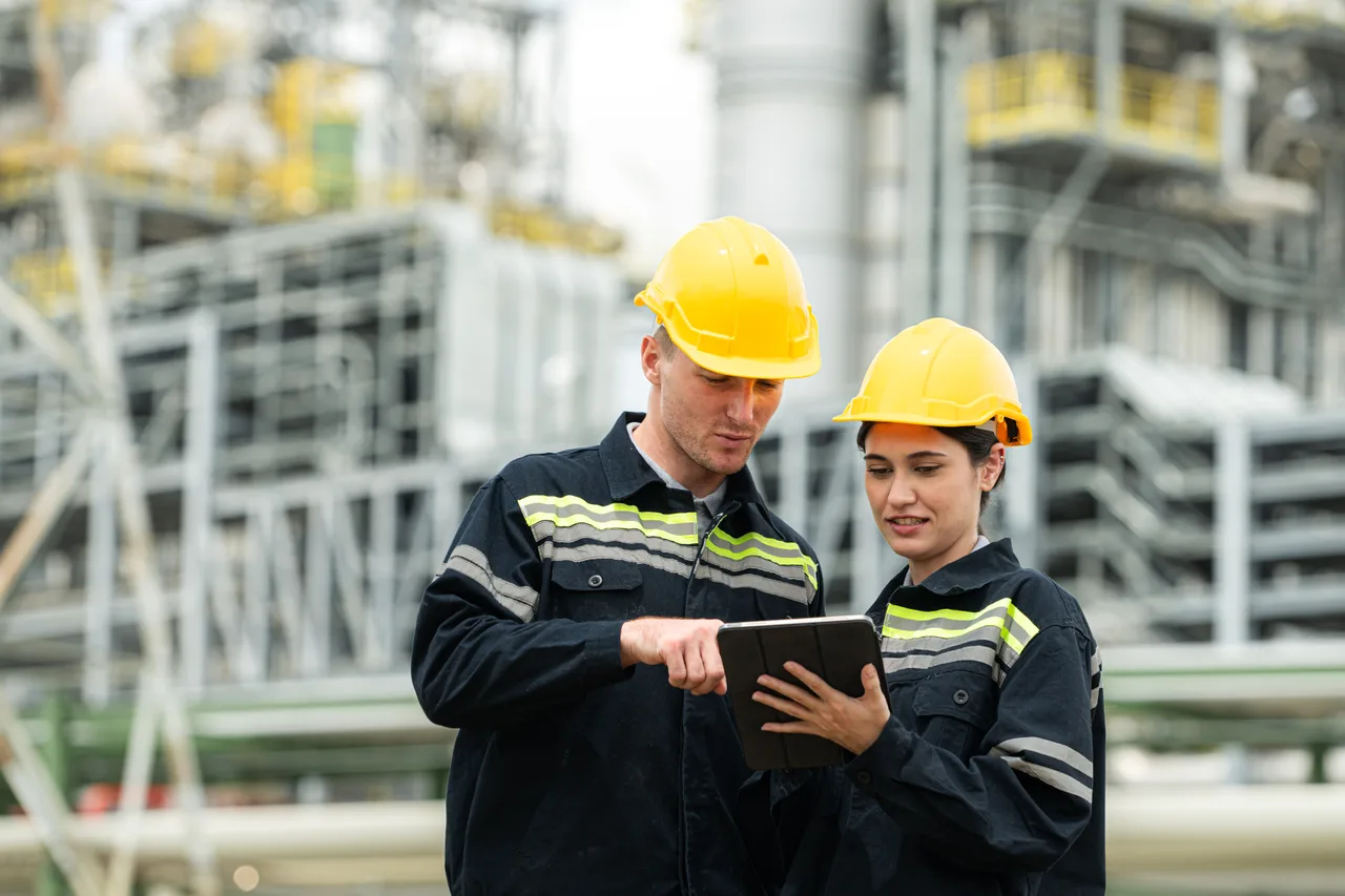 Two engineers consulting a tablet at a process plant