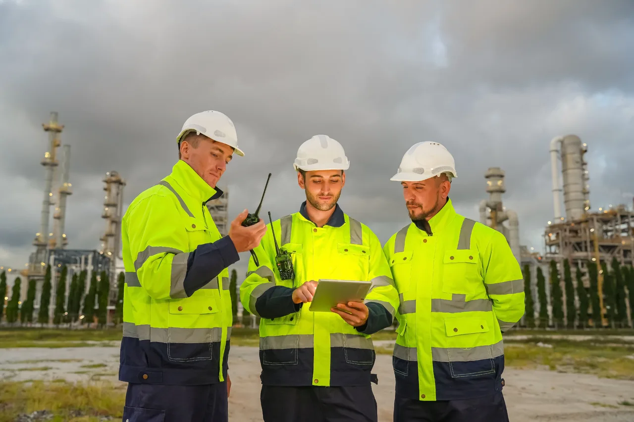 Three engineers reviewing plans on a tablet at a process site