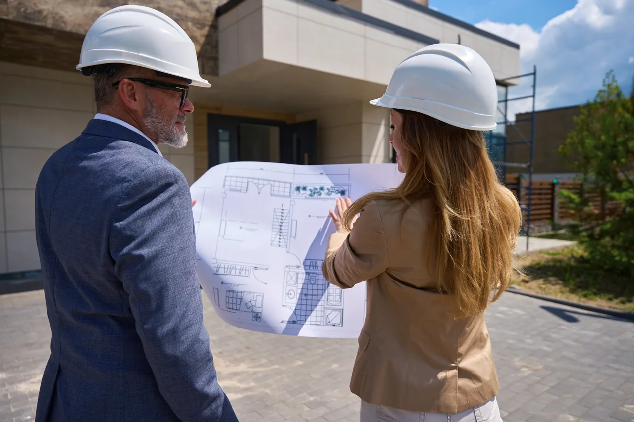 Two project leads in hard hats reviewing a building plan on site