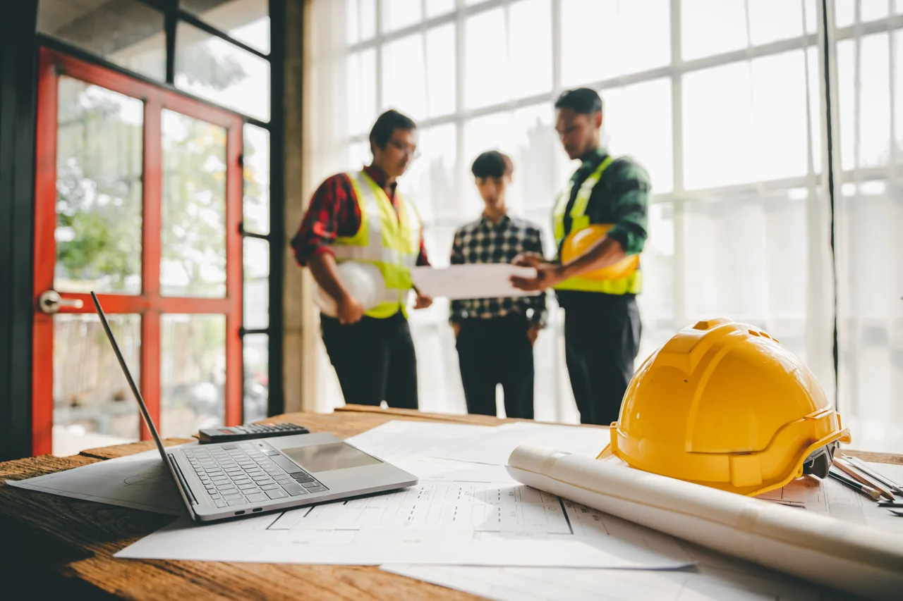 A construction team reviewing blueprints in a bright site office