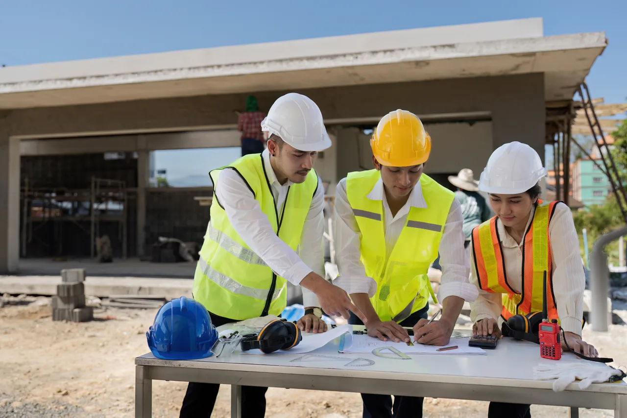 A construction crew reviewing blueprints at a table on site