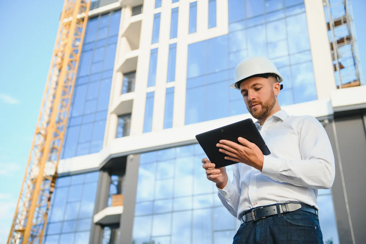 A construction engineer checking progress on a tablet in front of a building under construction