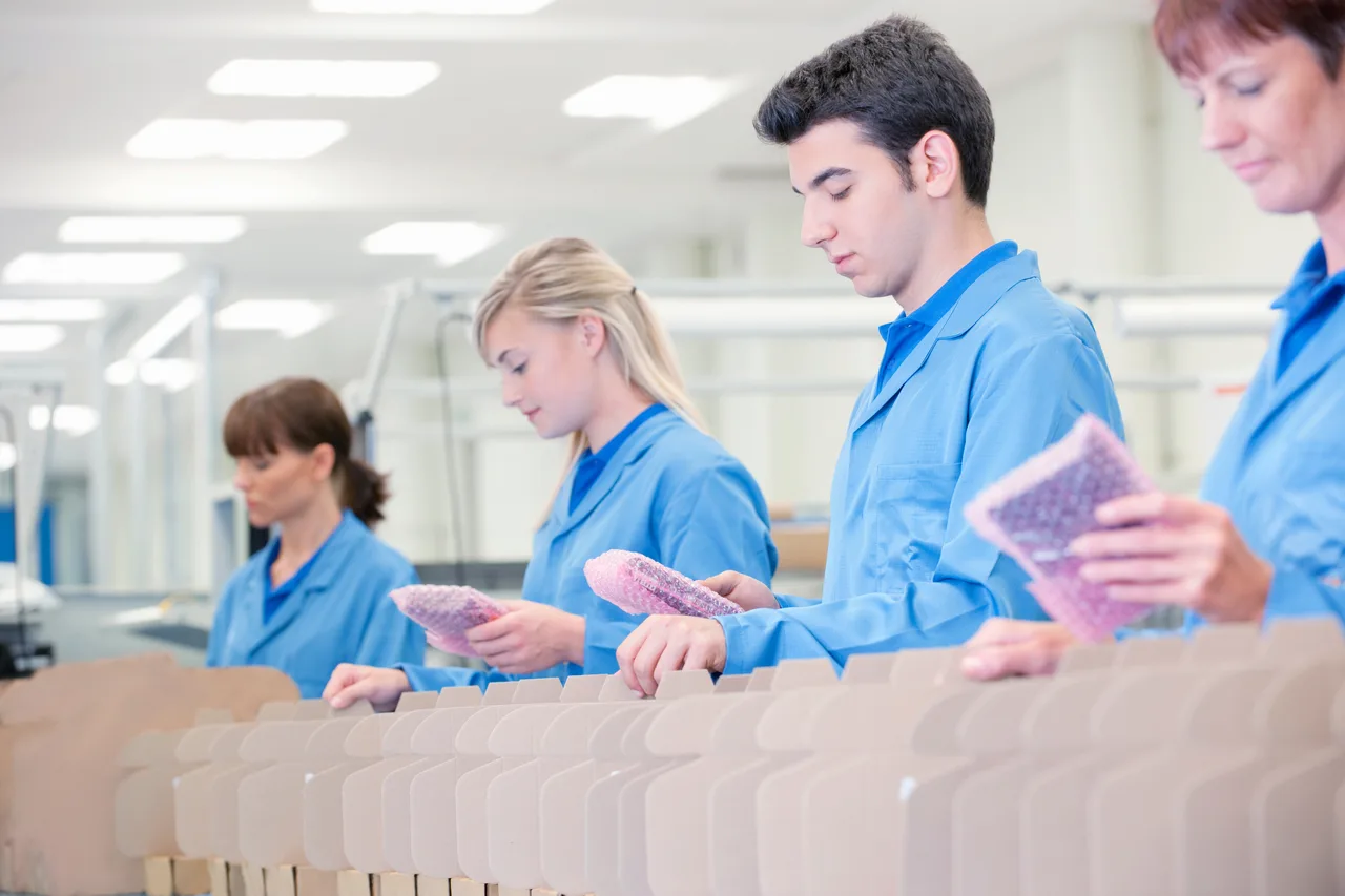 Workers packing products along a factory production line