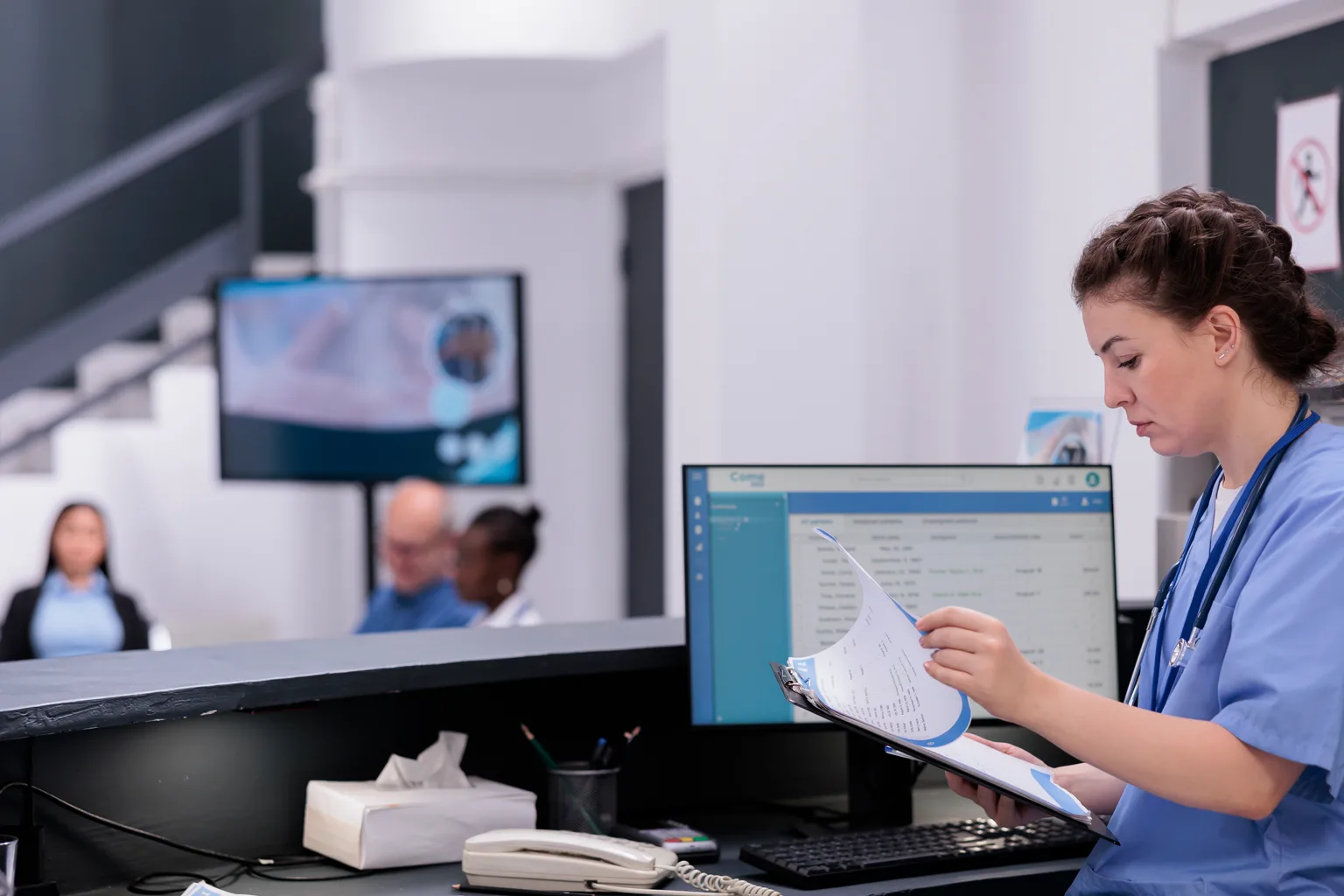A nurse completing paperwork at the nurses' station