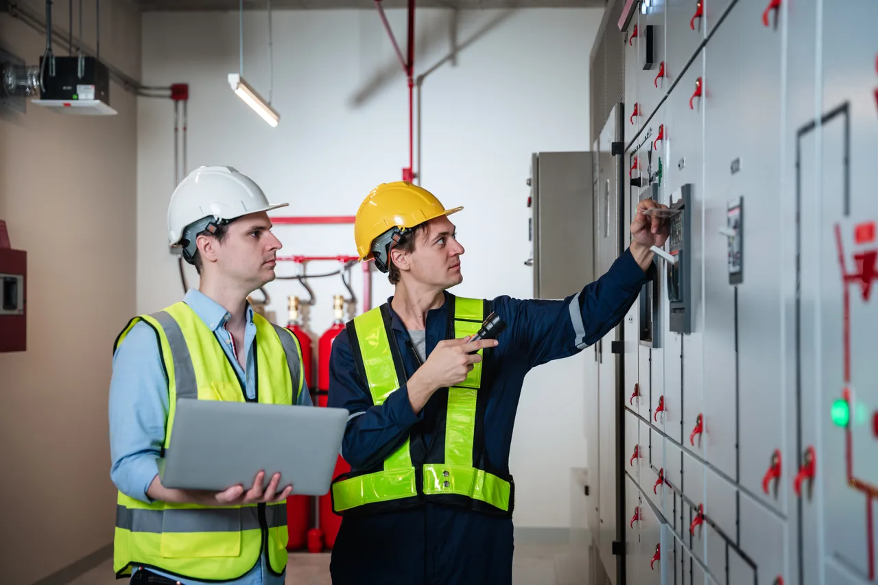 Two electrical engineers checking equipment with a laptop