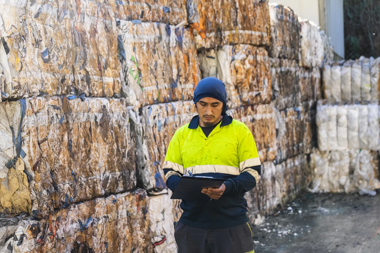 A worker checking recycled material bales at a recycling facility