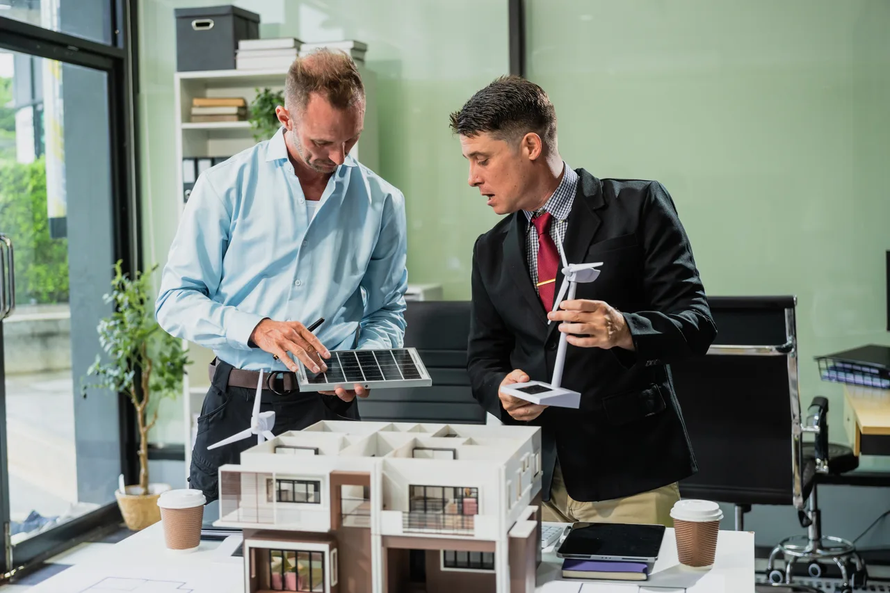 Two colleagues reviewing a solar energy project model in an office