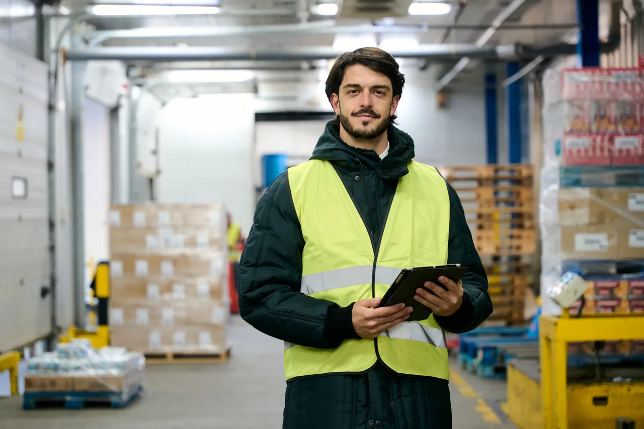 A warehouse employee holding a tablet in a food distribution centre