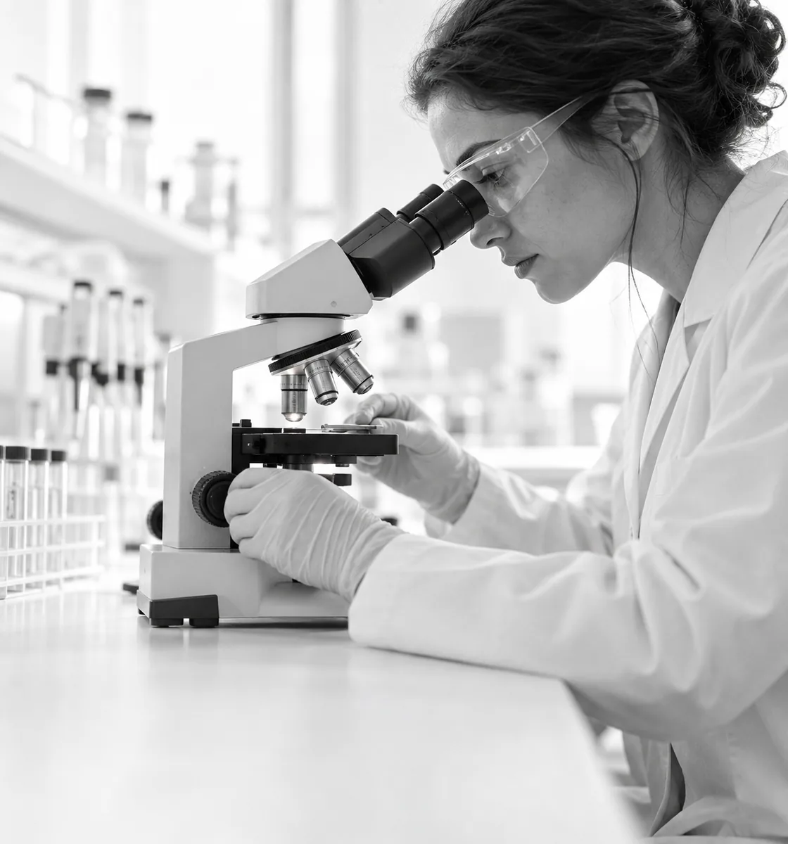 A gloved researcher adjusting a microscope at a laboratory bench