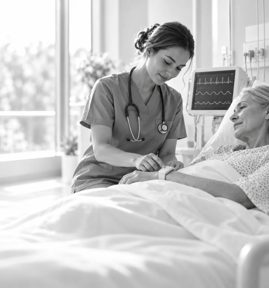 A nurse with a stethoscope tending a patient in a hospital bed, a vital-signs monitor on a stand behind them
