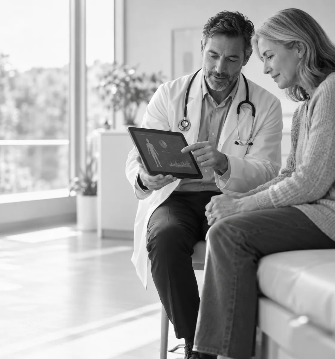 A doctor showing a tablet to a seated patient beside a hospital bed