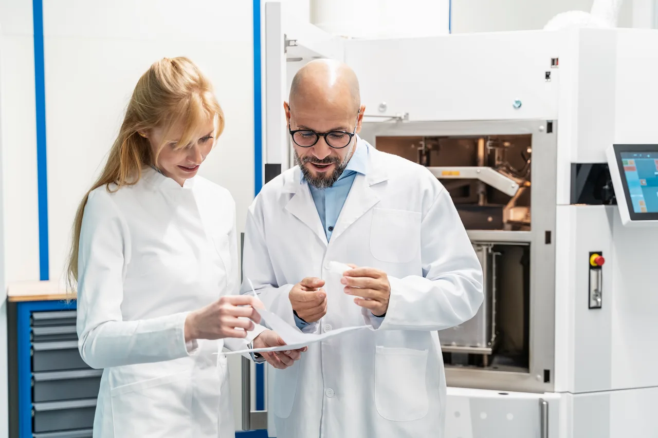 Two scientists reviewing results beside laboratory equipment