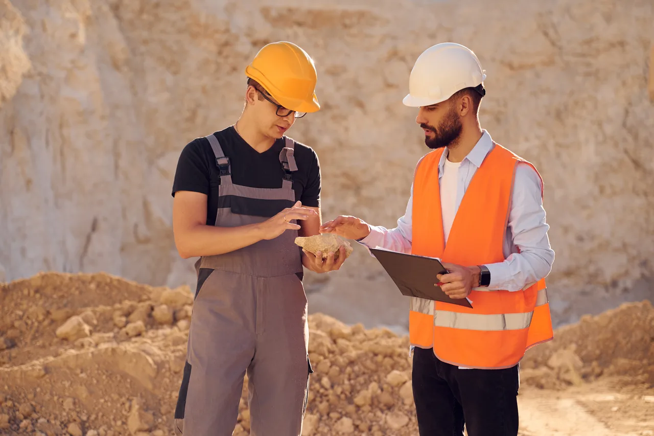 Two geologists inspecting a rock sample at a quarry