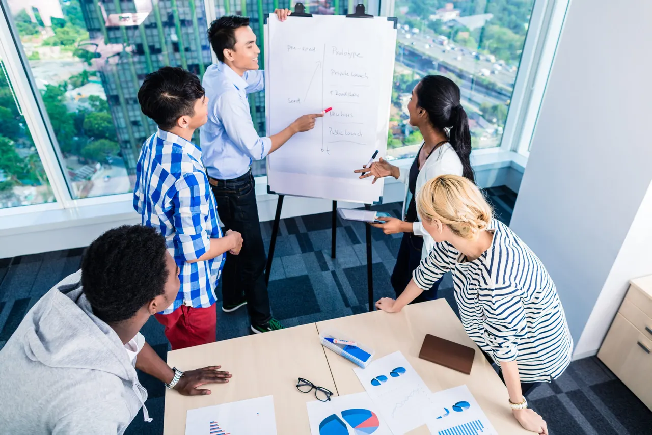 A team gathered around a flip chart and a table of printed charts, one person writing on the chart