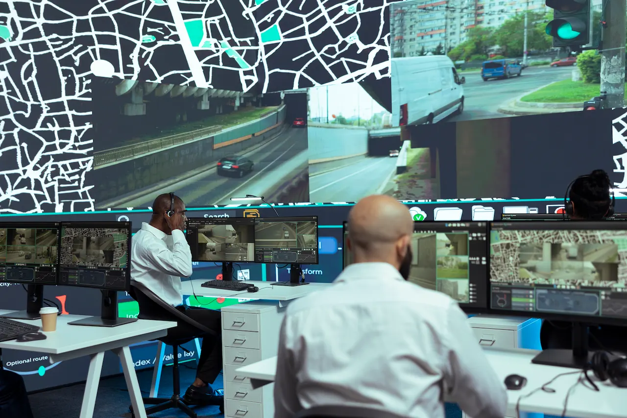 Operators at desks in a traffic operations room facing a video wall of road cameras and a street map