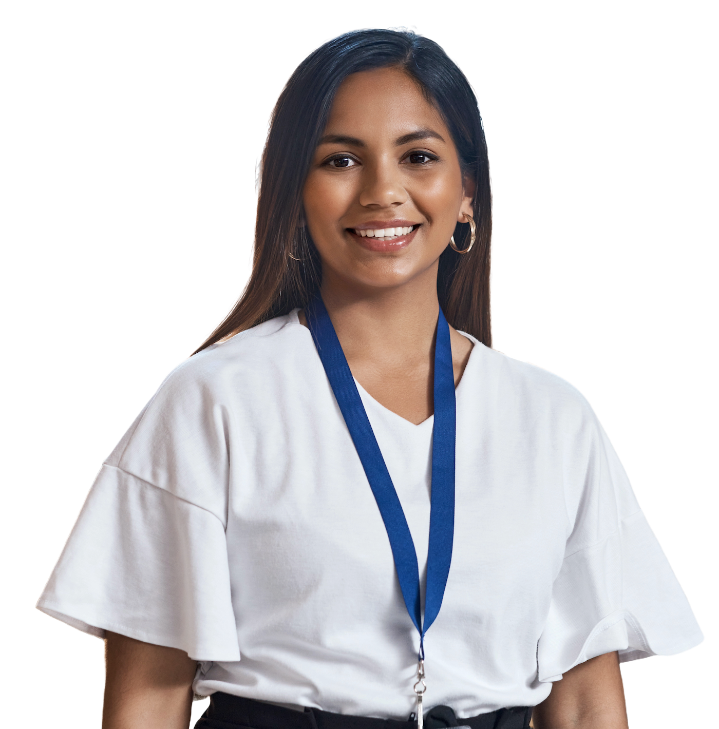 A smiling engineer in a white top wearing a blue lanyard