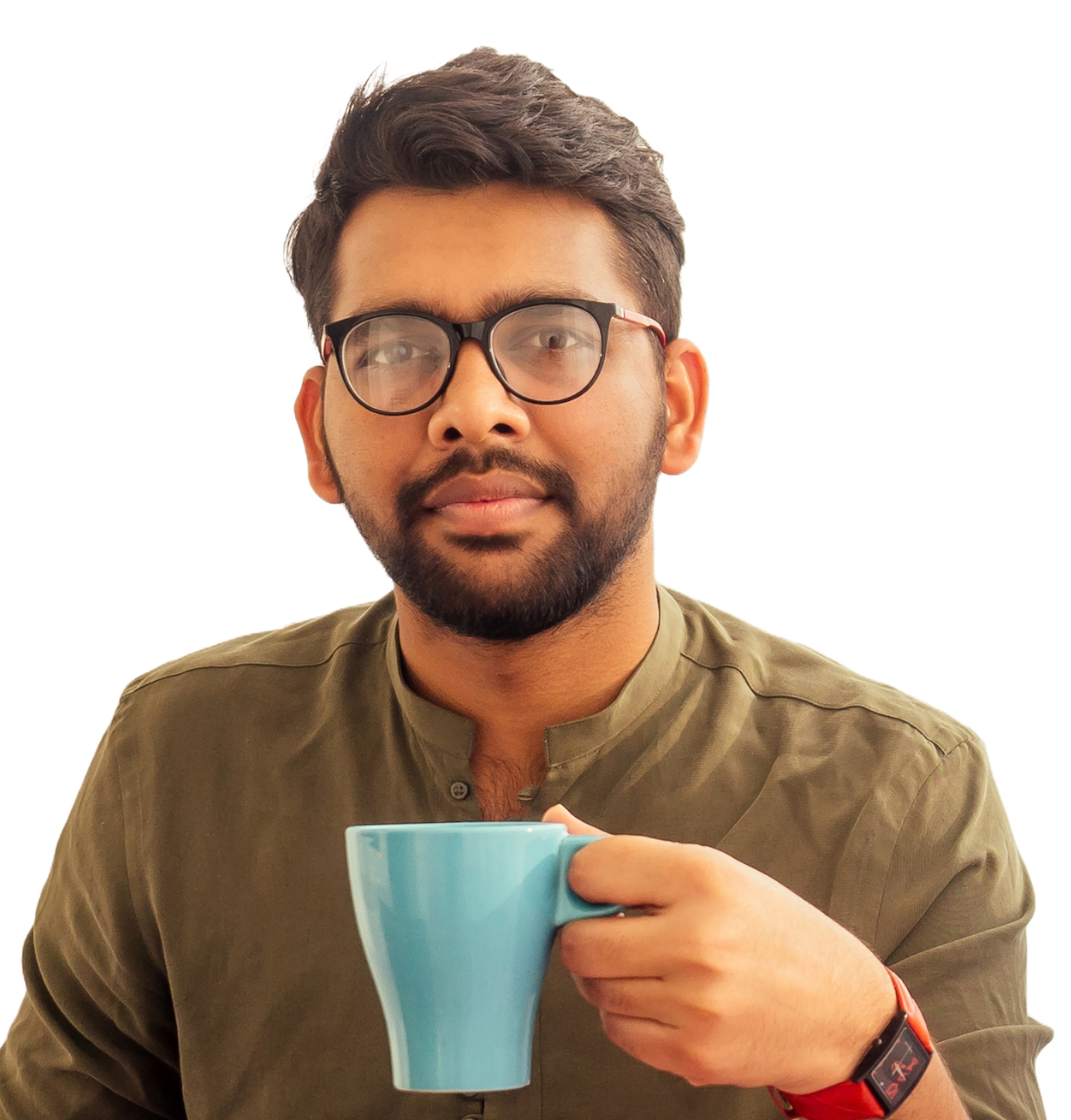 A bearded engineer in glasses and an olive shirt holding a blue mug