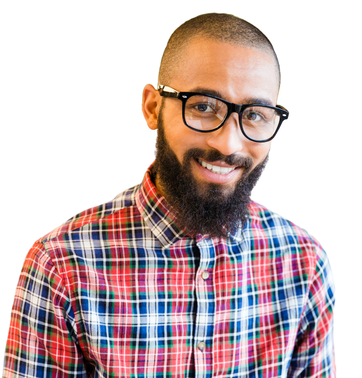 A smiling bearded engineer in glasses and a plaid shirt