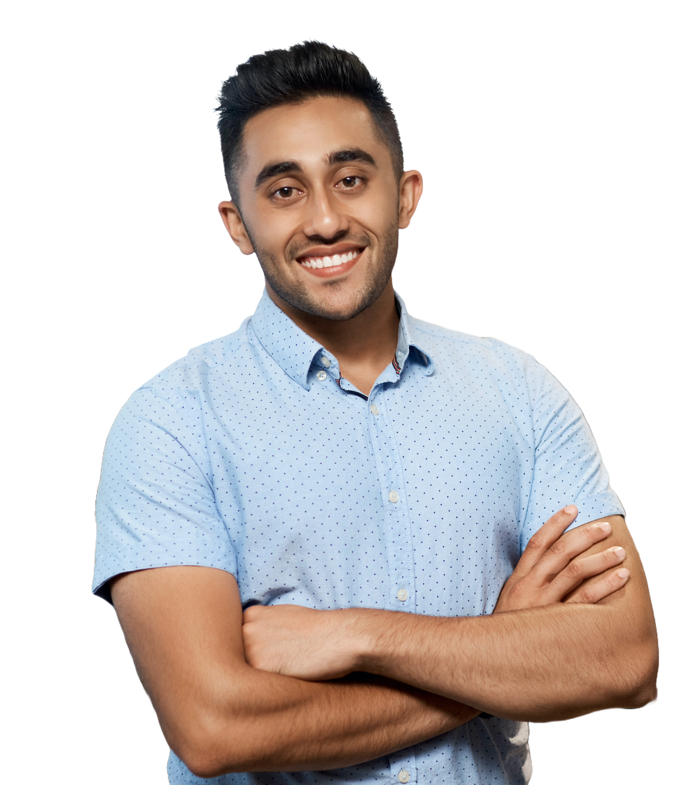 A smiling engineer in a short-sleeved shirt with folded arms