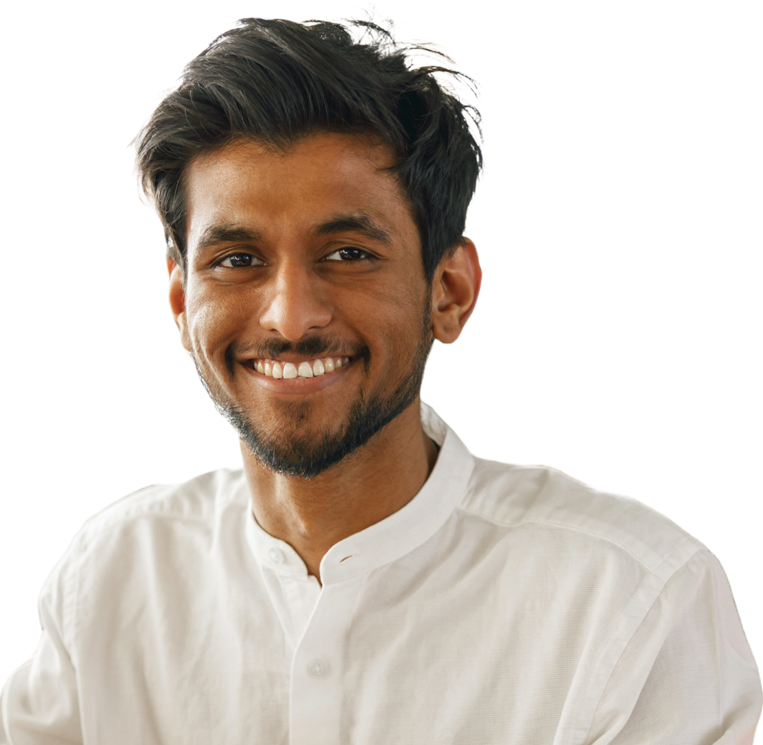 A smiling engineer with dark hair and a short beard in a white collarless shirt